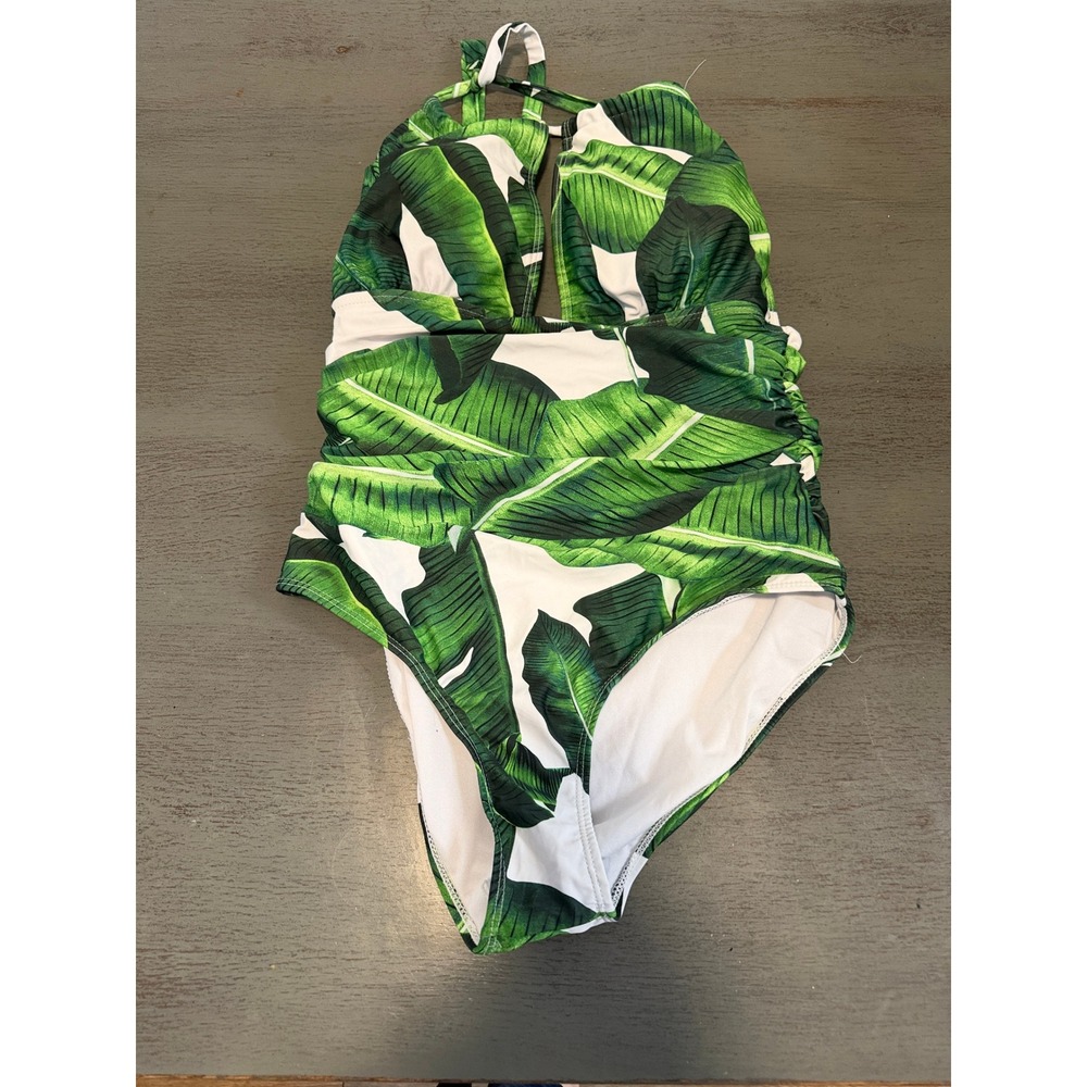 B2PRITY Green Tropical Banana Leaf Halter One Piece Swimsuit Keyhole Ruched S